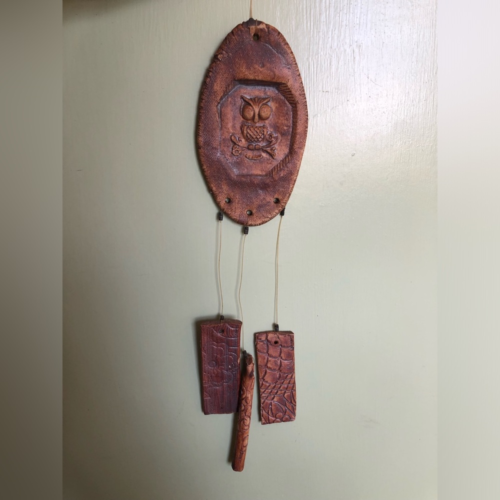 Hand Crafted Pottery Owl Wind Chime Brown Rustic Boho Handmade Porch Decor